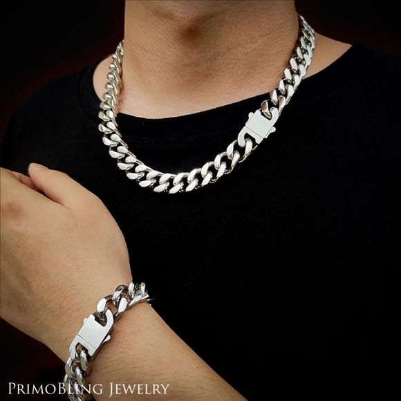 Box Clasp Cuban Link Necklace & Bracelet Set - Picture 1 of 4